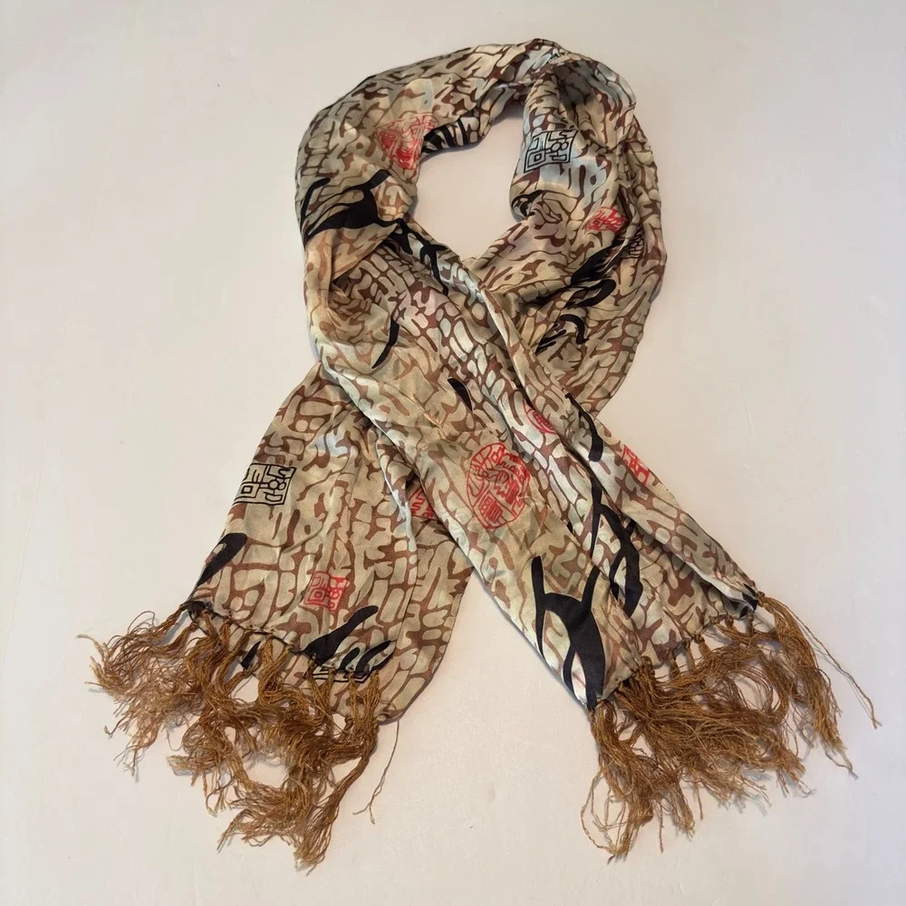100% Silk Calligraphy Print Scarf Tan Brown Black Red Tassel Fringe Rectangular